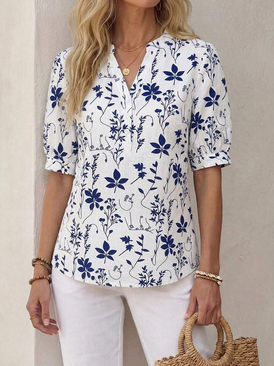 Emery Rose – Women’s Floral V-Neck Blouse | Effortless Elegance