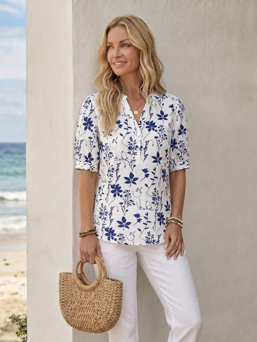 Emery Rose – Women’s Floral V-Neck Blouse | Effortless Elegance