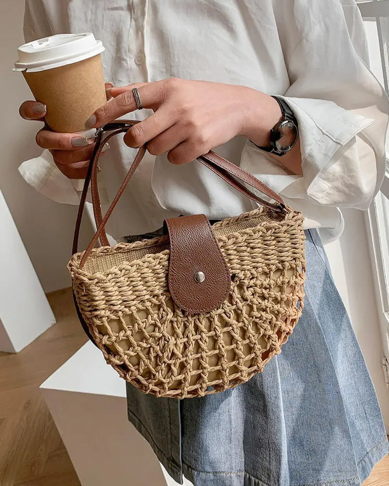 Boho Semicircular Shape Hollow Out Straw Bag